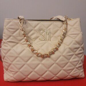 Steve Madden Quilted Beige Handbag with Gold Chain & Monogram